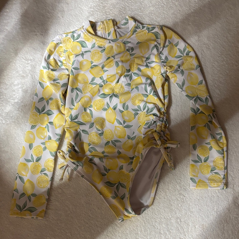 Tahari Yellow Lemon Print Long Sleeve Rash Guard